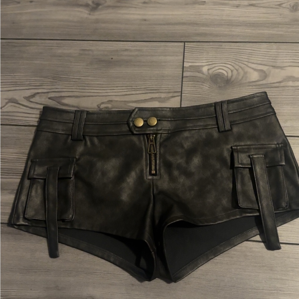 edikted Washed Faux Leather Micro Cargo Shorts